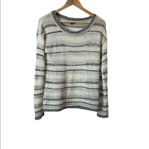 RW&CO Mohair Blend Loose Knit Light Grey & White Striped Pullover Sweater M